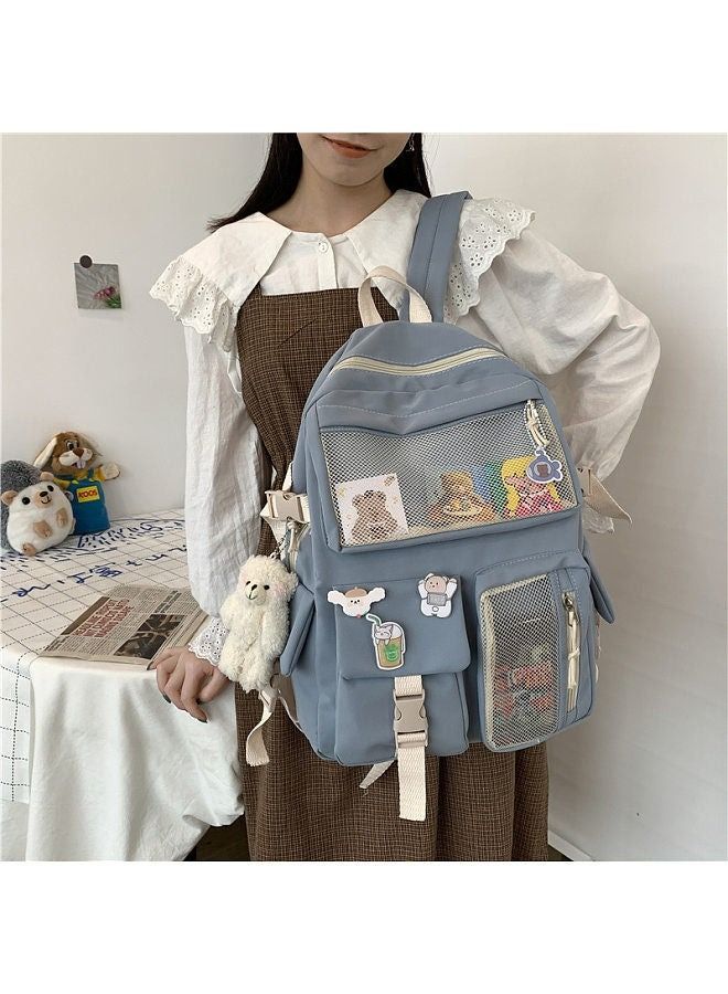 School bag female college student Korean high school student large capacity junior high school student multi-pocket Harajuku ulzzang shoulder bag tide black pendant with badge