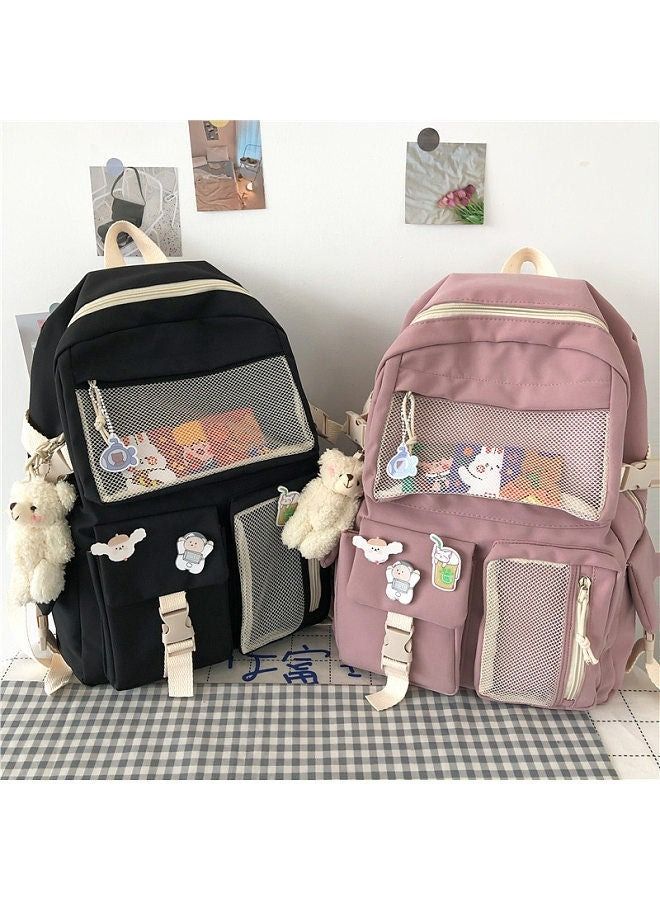 School bag female college student Korean high school student large capacity junior high school student multi-pocket Harajuku ulzzang shoulder bag tide black pendant with badge