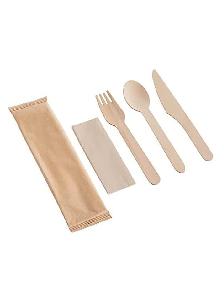 [20 Pack] Disposable Wooden Cutlery Set with Napkin, Eco Friendly, Biodegradable | Wooden Utensils for Camping, Traveling, and Party Supplies | Knife, Fork, Spoon, and Napkin Set