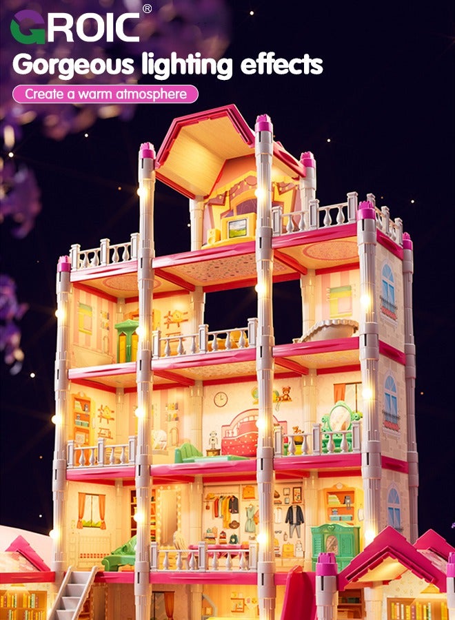 Dollhouse Doll House Toys, 5 Storeys 14 Rooms 3 Balcony, Large Dreamhouse Pretend Play Building Playset with 14 Rooms, Courtyard, Led Light & Slide, Dollhouse Asseccories and Furniture