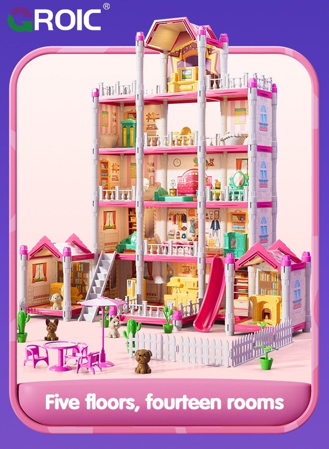 Dollhouse Doll House Toys, 5 Storeys 14 Rooms 3 Balcony, Large Dreamhouse Pretend Play Building Playset with 14 Rooms, Courtyard, Led Light & Slide, Dollhouse Asseccories and Furniture