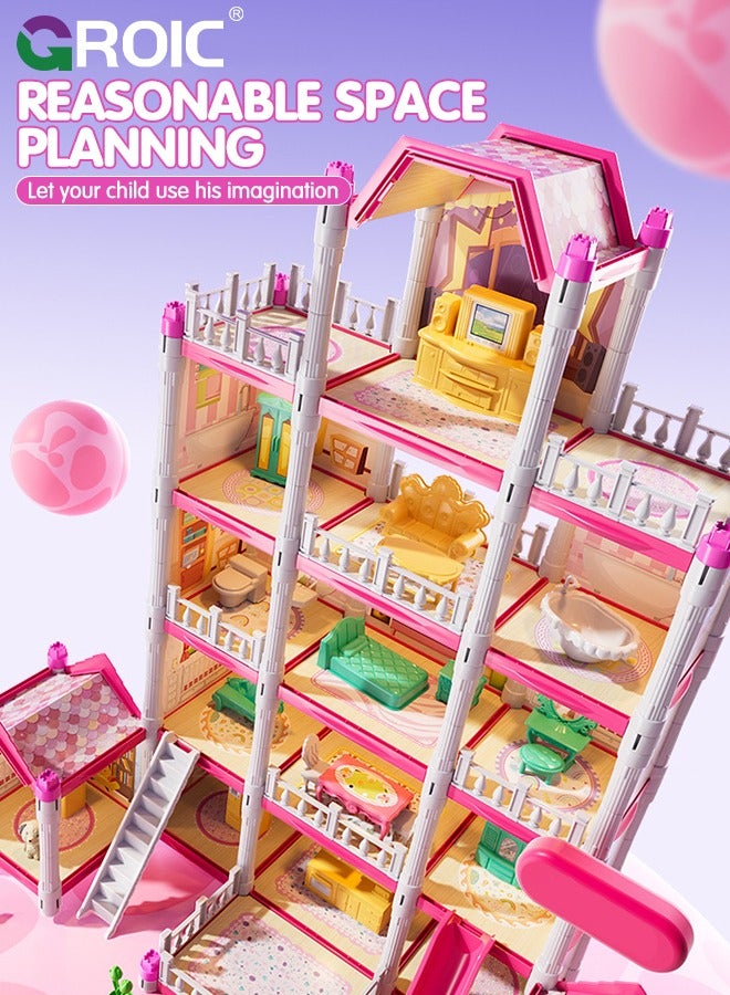 Dollhouse Doll House Toys, 5 Storeys 14 Rooms 3 Balcony, Large Dreamhouse Pretend Play Building Playset with 14 Rooms, Courtyard, Led Light & Slide, Dollhouse Asseccories and Furniture