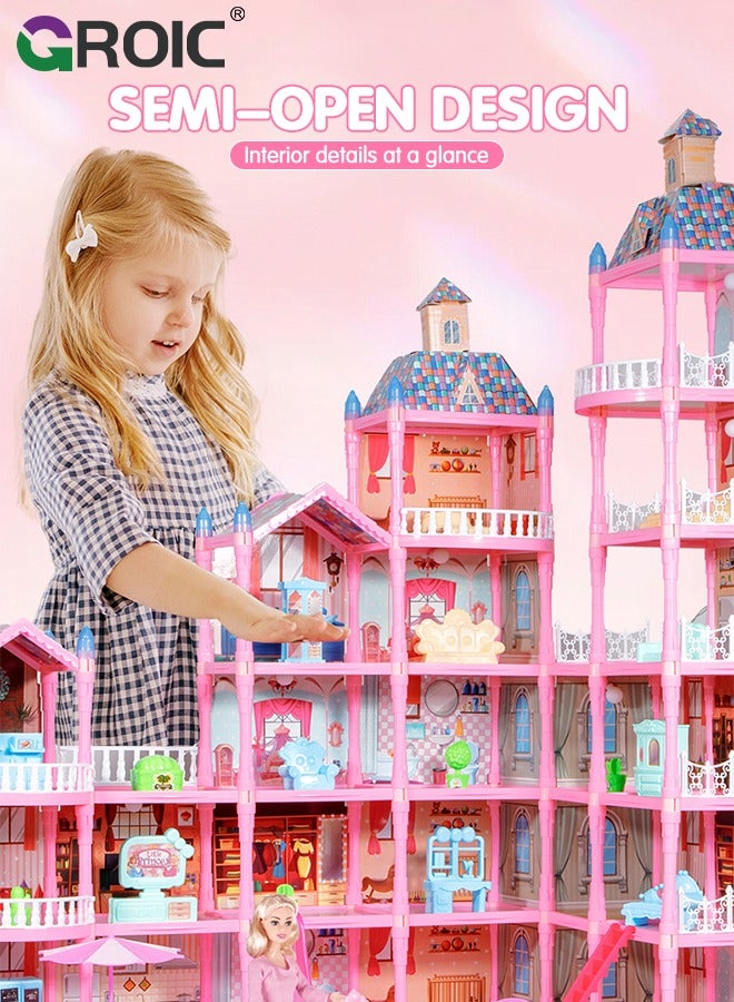 Dollhouse Doll House Toys, 6 Storeys 25 Rooms 2 Balcony, Large Dreamhouse Pretend Play Building Playset with 25 Rooms, Courtyard, Led Light & Slide, Dollhouse Asseccories and Furniture