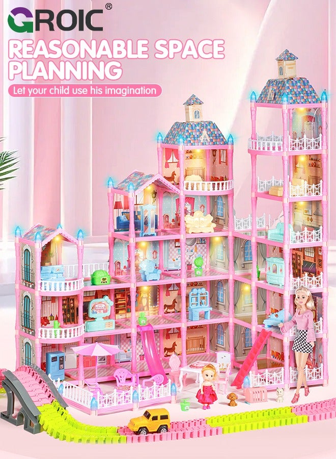 Dollhouse Doll House Toys, 6 Storeys 25 Rooms 2 Balcony, Large Dreamhouse Pretend Play Building Playset with 25 Rooms, Courtyard, Led Light & Slide, Dollhouse Asseccories and Furniture