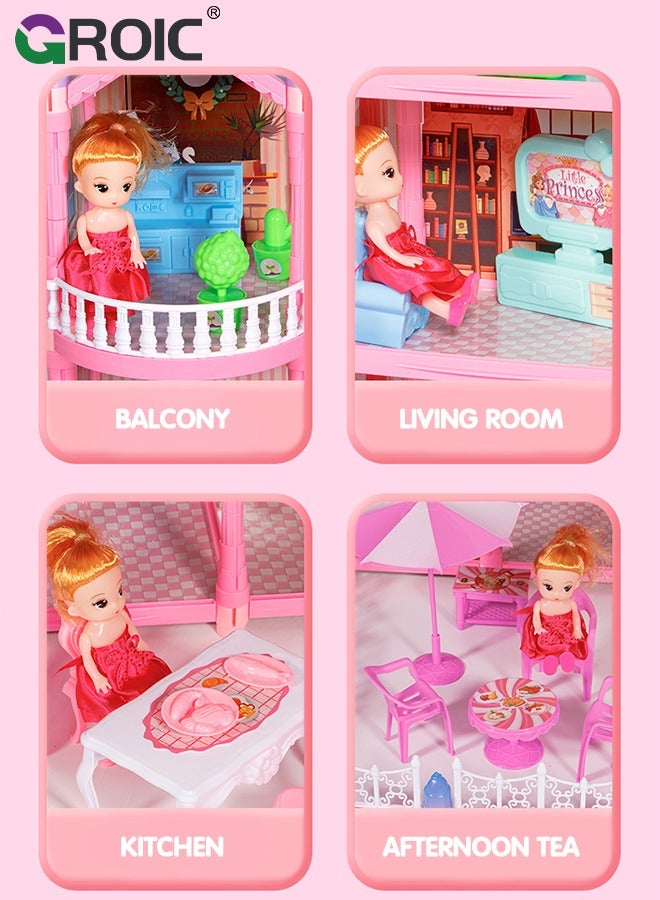 Dollhouse Doll House Toys, 6 Storeys 25 Rooms 2 Balcony, Large Dreamhouse Pretend Play Building Playset with 25 Rooms, Courtyard, Led Light & Slide, Dollhouse Asseccories and Furniture