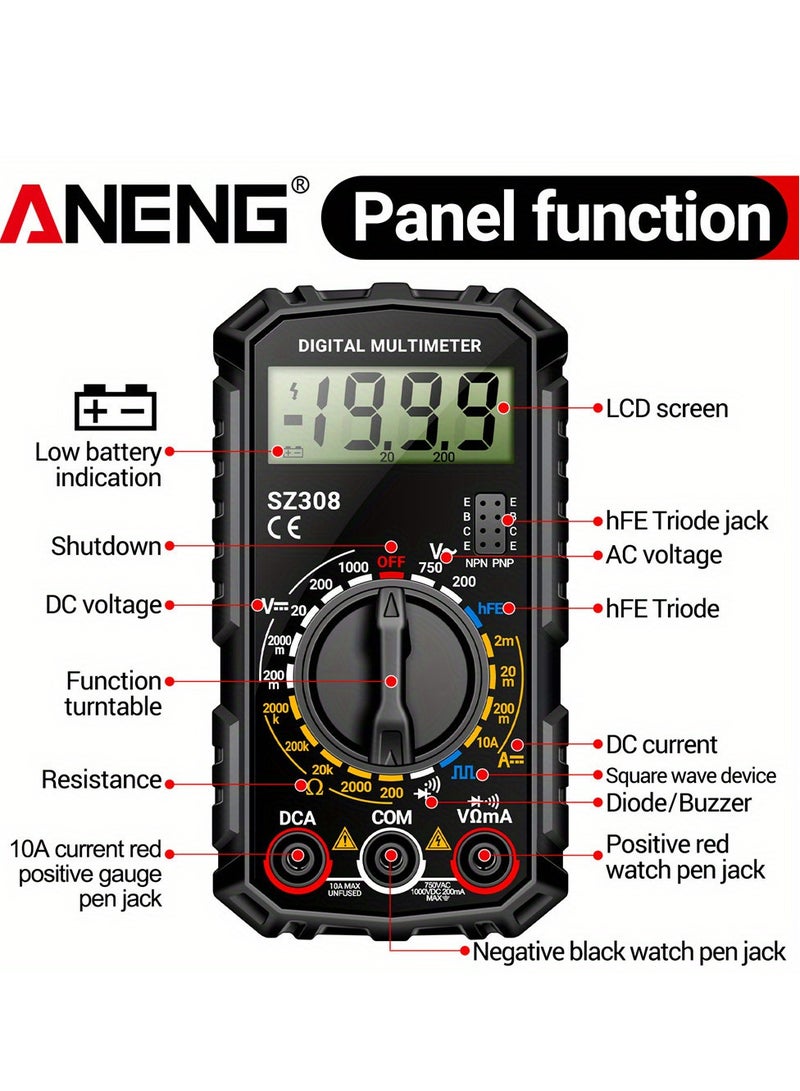 SZ308 Digital Multimeter, High Precision Electrical Maintenance Tester, AC/DC Voltage Current Resistance Multifunction Meter, Battery Powered (Without Battery), ≤36V Operating Voltage