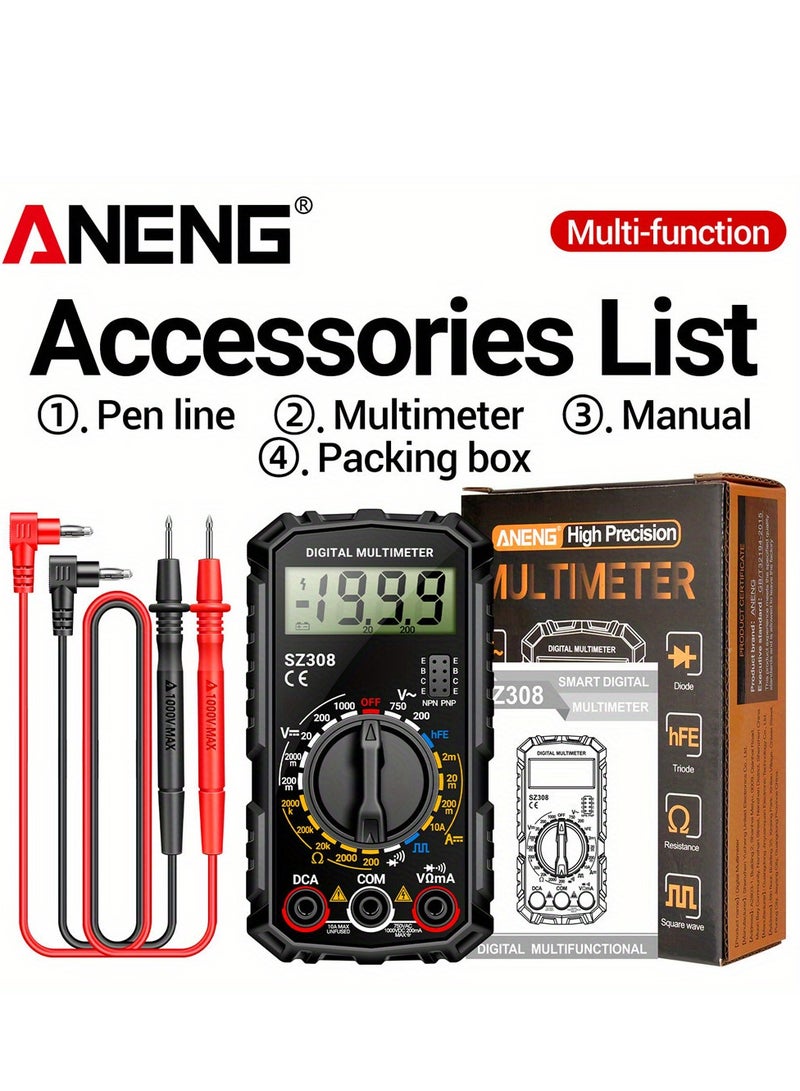 SZ308 Digital Multimeter, High Precision Electrical Maintenance Tester, AC/DC Voltage Current Resistance Multifunction Meter, Battery Powered (Without Battery), ≤36V Operating Voltage