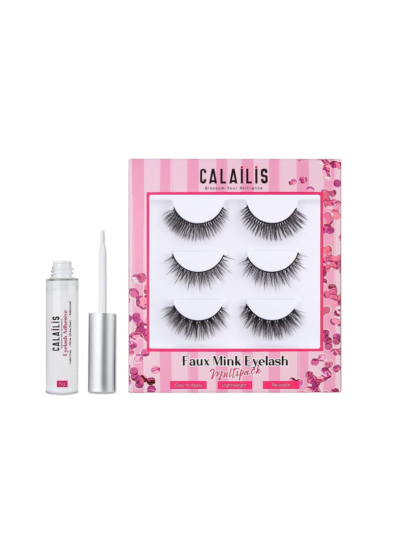 False Eyelash, Eye Makeup Lash 3D Faux Mink Fake Eyelash Long Natural Eyelashes 3 Pairs with 5g False Eyelash Glue