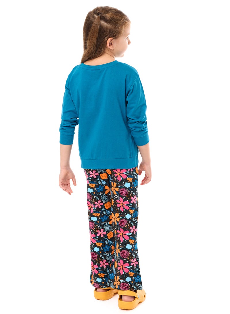 Embroidered Top With Printed Flared Leggings