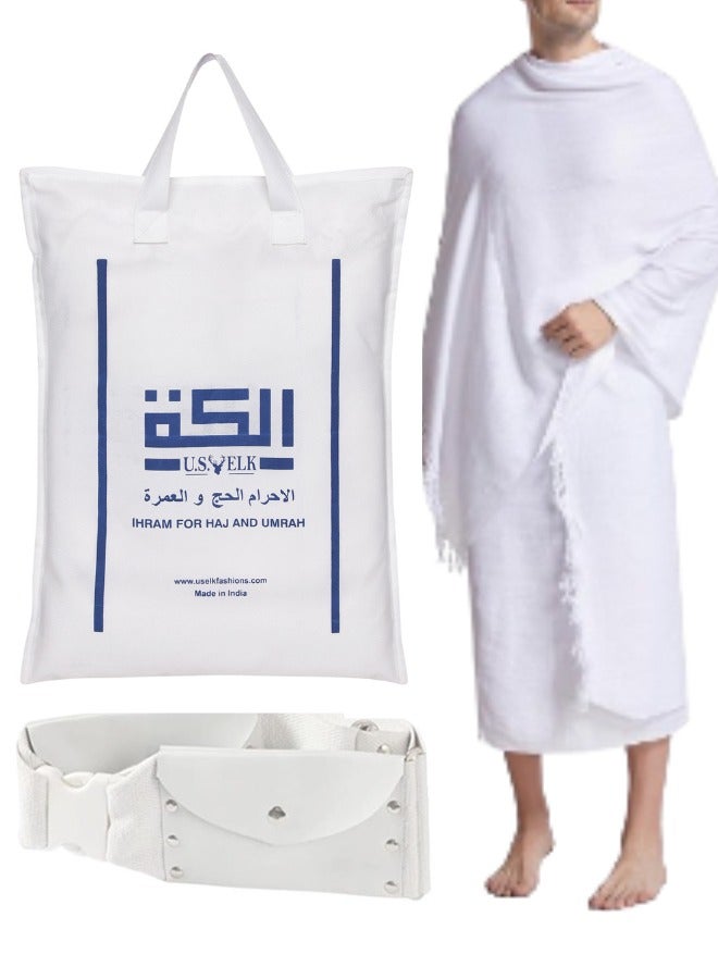 US ELK Men's Ahram Set | Premium 2 Ahram Towels + Belt for Hajj & Umrah | Easy-to-Wear & Comfortable Muslim Wear Ihram Set