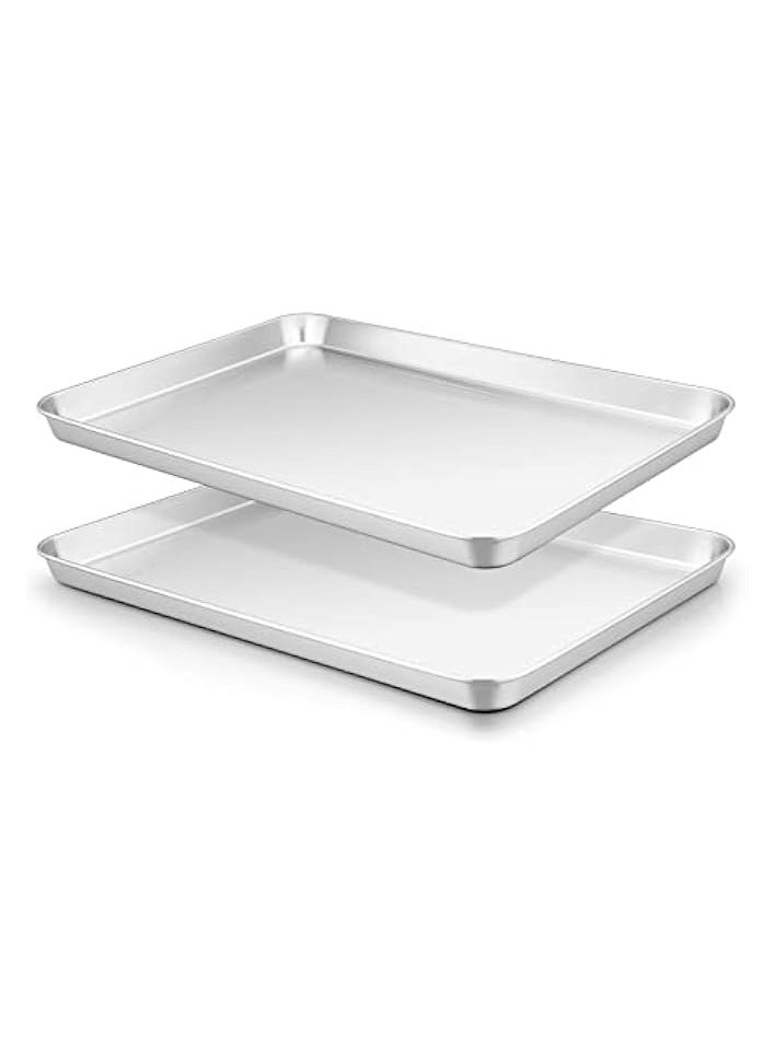 Oven Baking Tray Set of 2, Stainless Steel Baking Cookie Sheet Pans for Baking Cooking Serving, Non Toxic & Healthy, Heavy Duty & Rust Free, Mirror Finished & Dishwasher Safe, 31.4x24.6x2.5cm