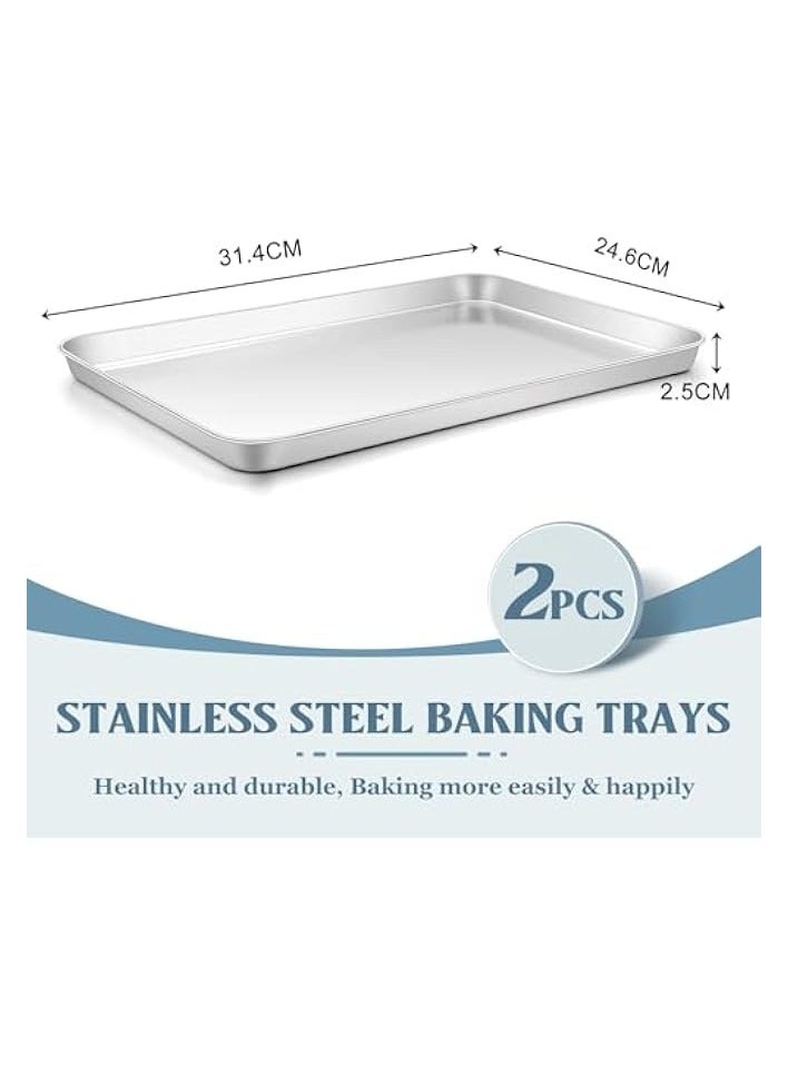 Oven Baking Tray Set of 2, Stainless Steel Baking Cookie Sheet Pans for Baking Cooking Serving, Non Toxic & Healthy, Heavy Duty & Rust Free, Mirror Finished & Dishwasher Safe, 31.4x24.6x2.5cm