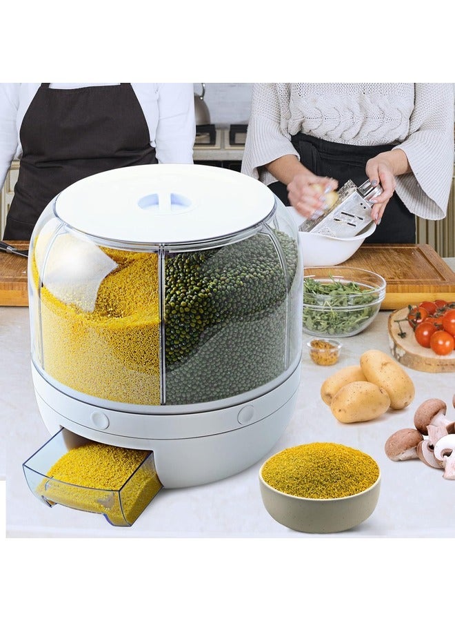 Grain Dispenser 8.2 Qt Rotating Rice Dispenser Storage Container 6-Compartment Dry Food with Measuring Cup Containers for Kitchen Small Grains Beans.