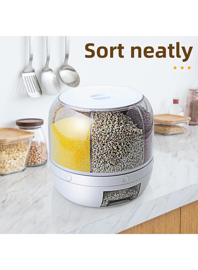 Grain Dispenser 8.2 Qt Rotating Rice Dispenser Storage Container 6-Compartment Dry Food with Measuring Cup Containers for Kitchen Small Grains Beans.