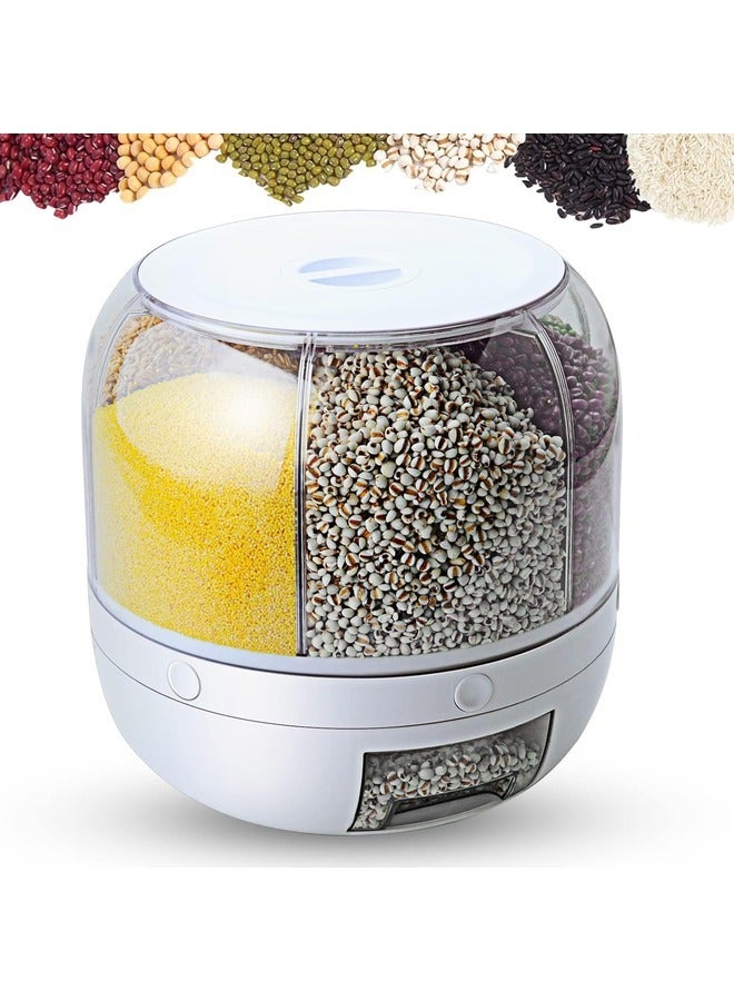 Grain Dispenser 8.2 Qt Rotating Rice Dispenser Storage Container 6-Compartment Dry Food with Measuring Cup Containers for Kitchen Small Grains Beans.