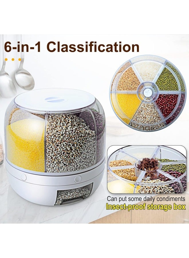 Grain Dispenser 8.2 Qt Rotating Rice Dispenser Storage Container 6-Compartment Dry Food with Measuring Cup Containers for Kitchen Small Grains Beans.