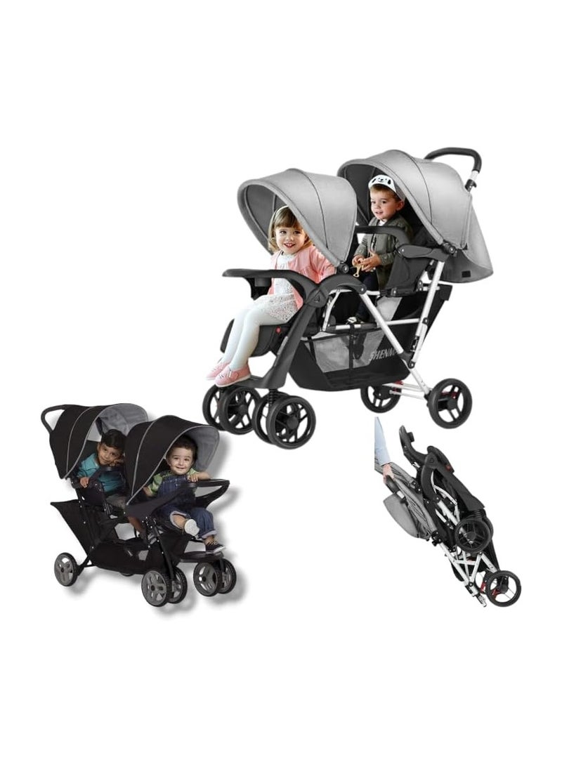 Twin baby Stroller with Canopy, Adjustable Seats, and Large Storage Basket,with food try (Black)