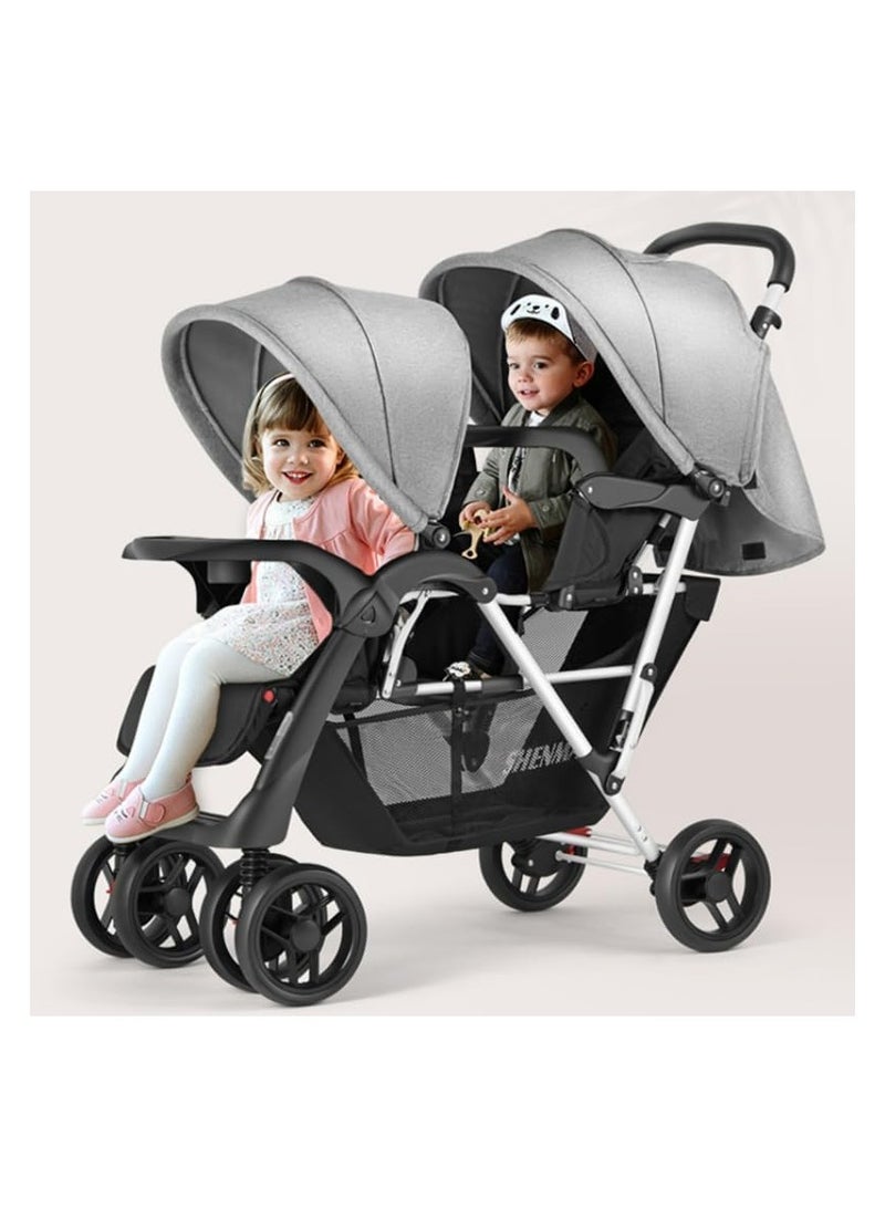 Twin baby Stroller with Canopy, Adjustable Seats, and Large Storage Basket,with food try (Black)