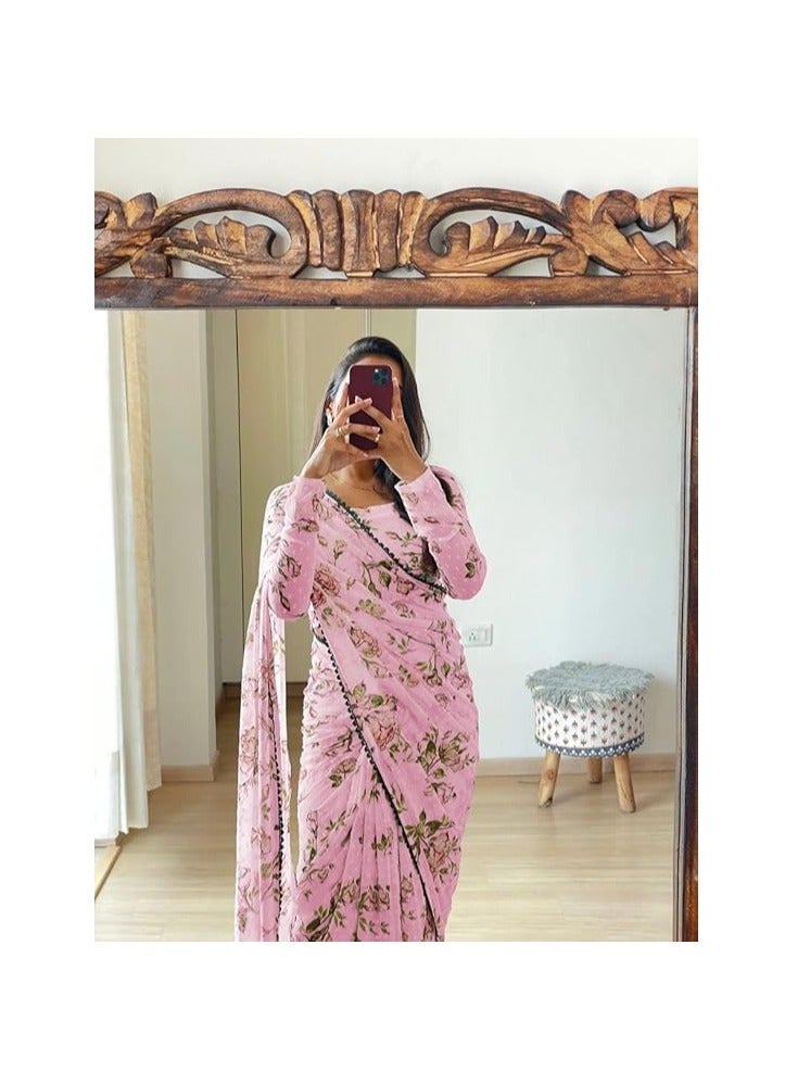 Women's Georgette Digital Printed Ready To Wear one Minute Saree With Unstitched Blouse Piece