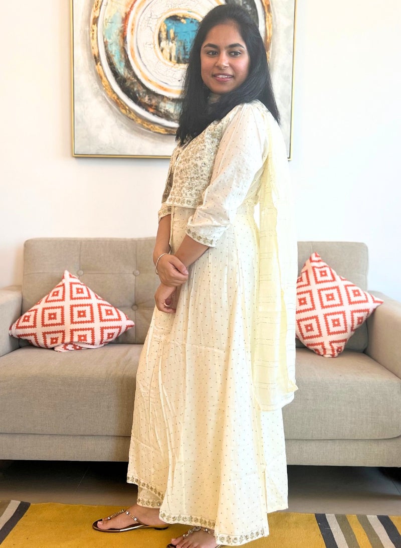IndHeritage - Eid kurti set collection - premium cotton 3pc kurti / kurta / salwar set with embroidered jacket & sleeves - White women's 3pc kurti set with pants & dupatta - Indian Kurti Set IDH00107