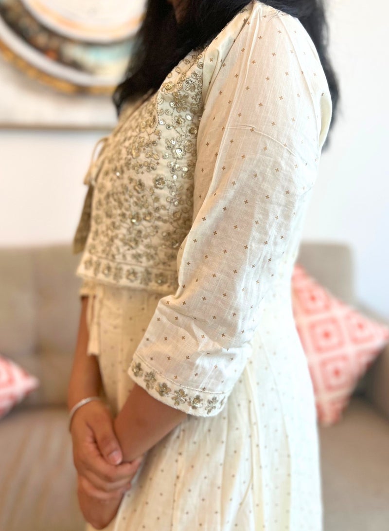 IndHeritage - Eid kurti set collection - premium cotton 3pc kurti / kurta / salwar set with embroidered jacket & sleeves - White women's 3pc kurti set with pants & dupatta - Indian Kurti Set IDH00107