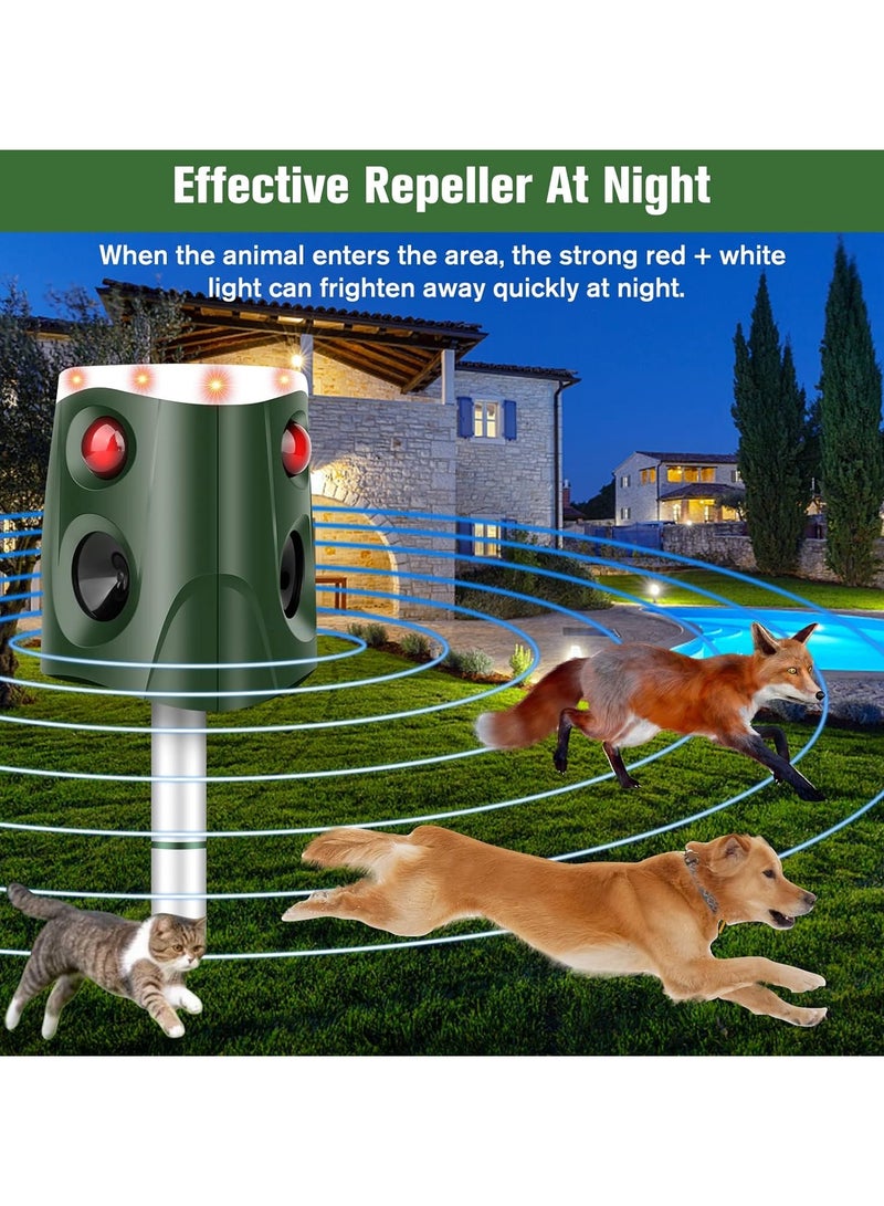 Solar Animal Repellent, 360° Ultrasonic Cat Repeller IP66 Waterproof 4 Modes Adjustable Fox Deterrent with 3-Side Motion Flashing Lights, Solar Powered Cat Scarer Dog Rabbit Deer