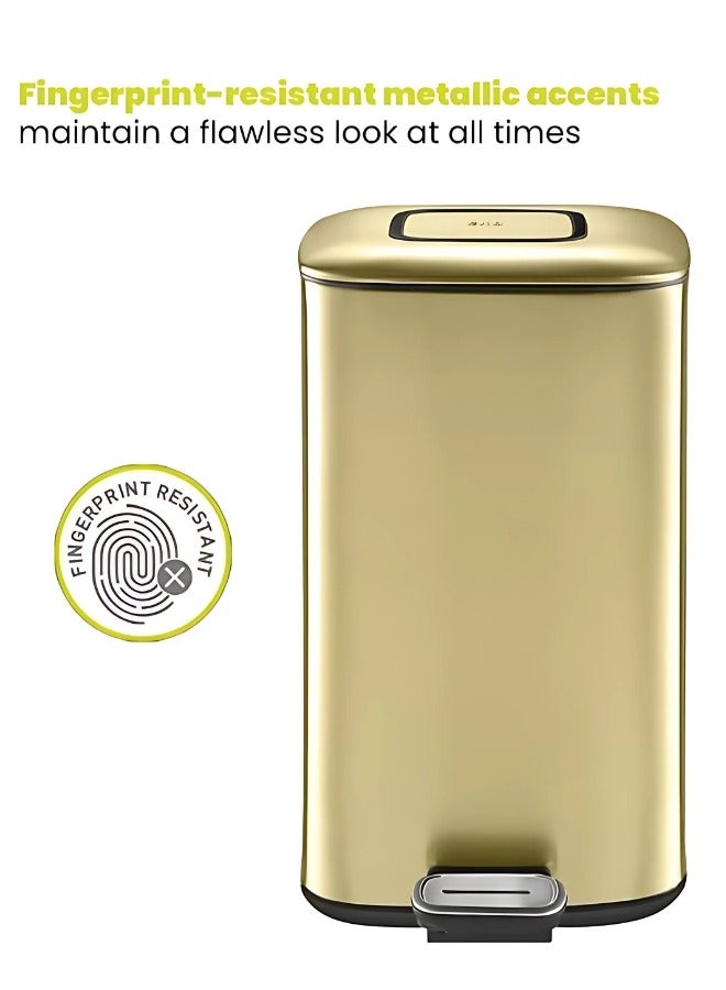 REGENT SERIES | Brushed Stainless Steel Finish | Soft-Closing | Fingerprint-Resistant | Pedal Trash & Garbage Bin, Champagne Gold, 32 Liters