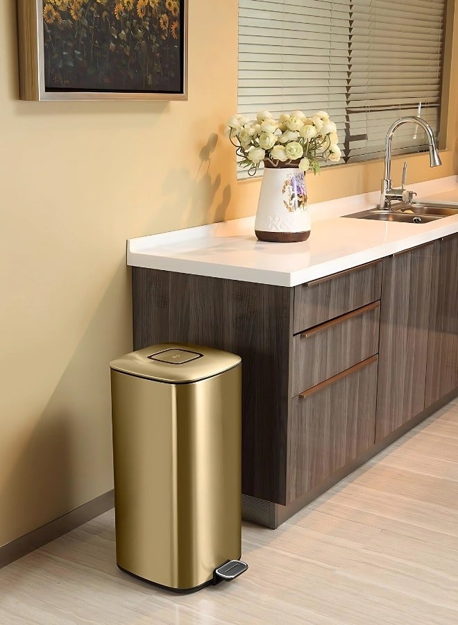 REGENT SERIES | Brushed Stainless Steel Finish | Soft-Closing | Fingerprint-Resistant | Pedal Trash & Garbage Bin, Champagne Gold, 32 Liters