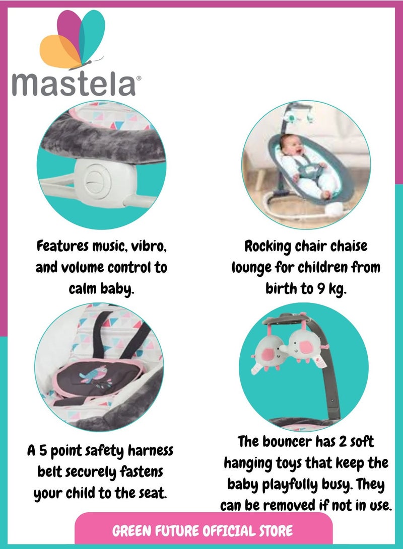 Baby Rocker Chair – Foldable Infant Bouncer with Soothing Vibrations and Toy Bar for Newborns and Toddlers – Pink