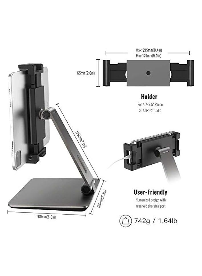 Heavy Duty Adjustable 360° Swivel Aluminium Stand for iPad, Samsung Tab & Kindle (4.7-13in, Grey)