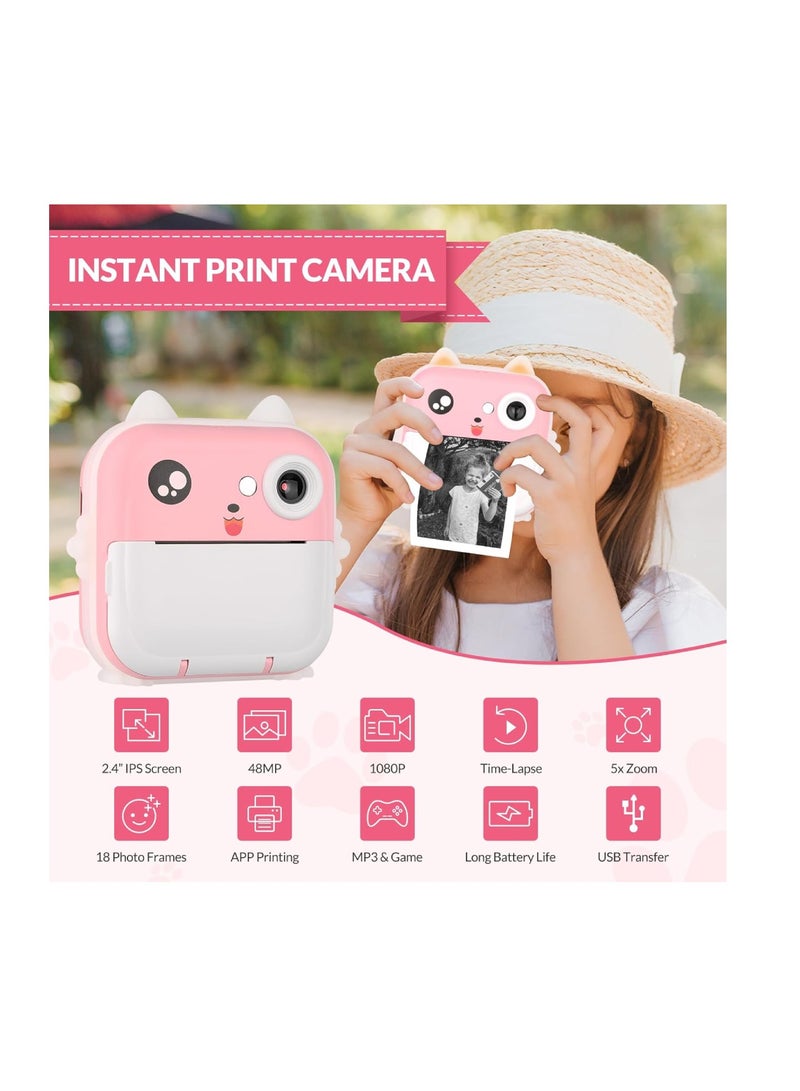 Digital Camera For Kids 48MP Kids Camera With 32GB SD Card Full HD 1080P Cameras Mini Kids Camera With Instant Print Thermal Printer With 3 Thermal Rolls 2.4Inch Eye Protect Screen Selfie Camera