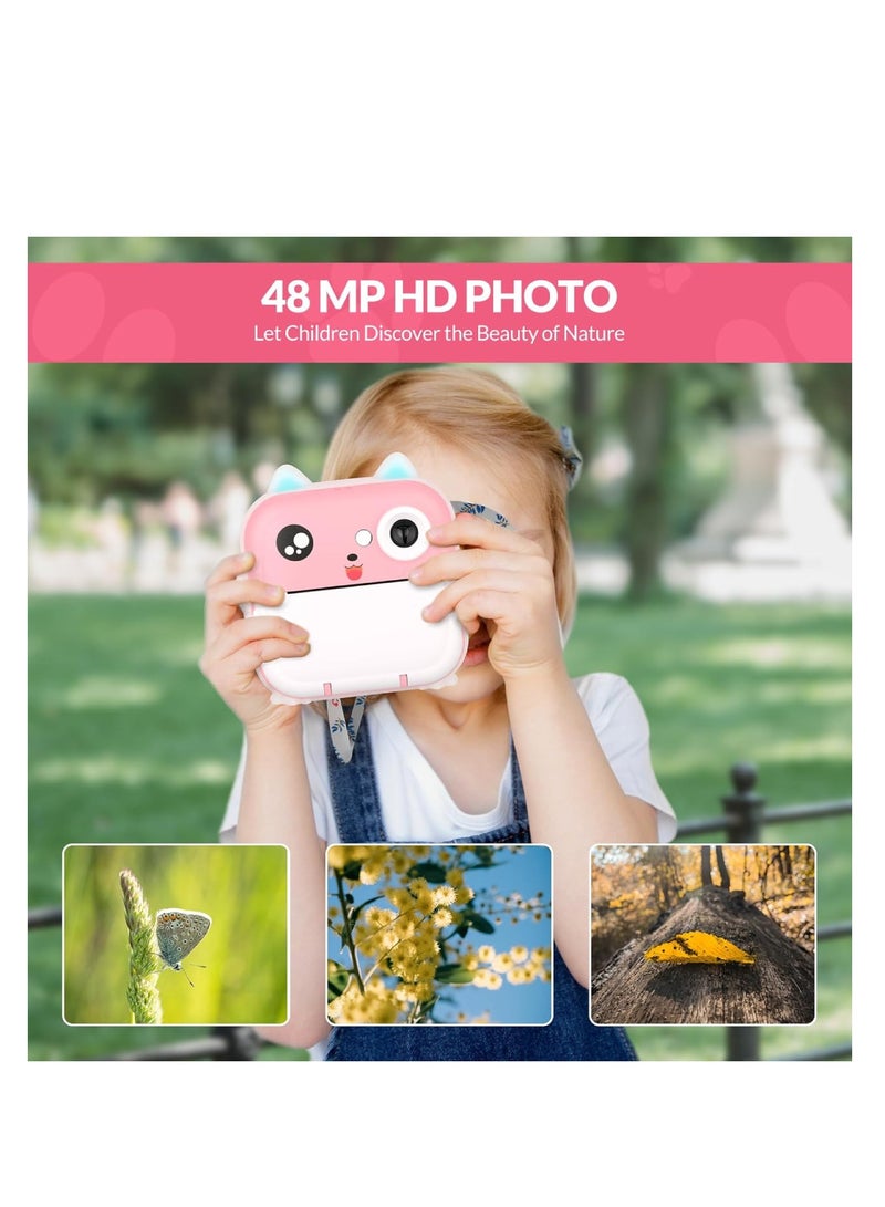 Digital Camera For Kids 48MP Kids Camera With 32GB SD Card Full HD 1080P Cameras Mini Kids Camera With Instant Print Thermal Printer With 3 Thermal Rolls 2.4Inch Eye Protect Screen Selfie Camera