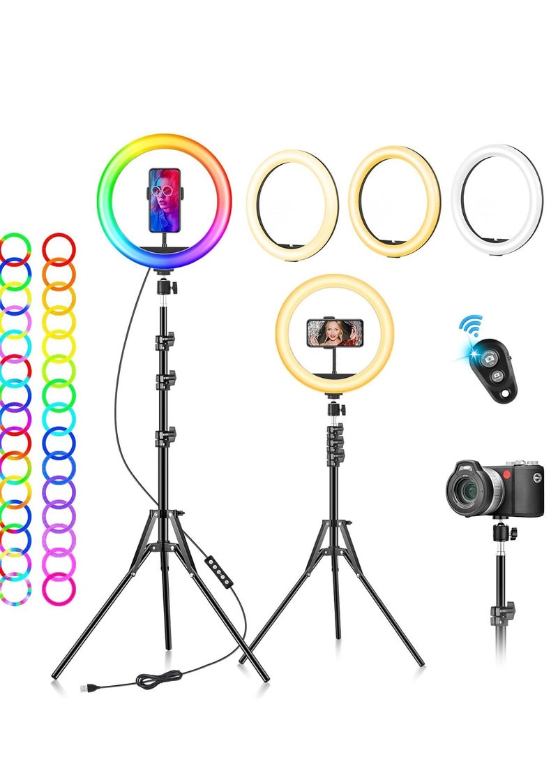 Ring Light with Tripod Stand & Phone Holder - 10 inch Selfie LED Ringlight Dimmable Desktop Lamp 40 Colors RGB Tall Circle Lights for Camera Makeup Video YouTube TikTok Live Streaming