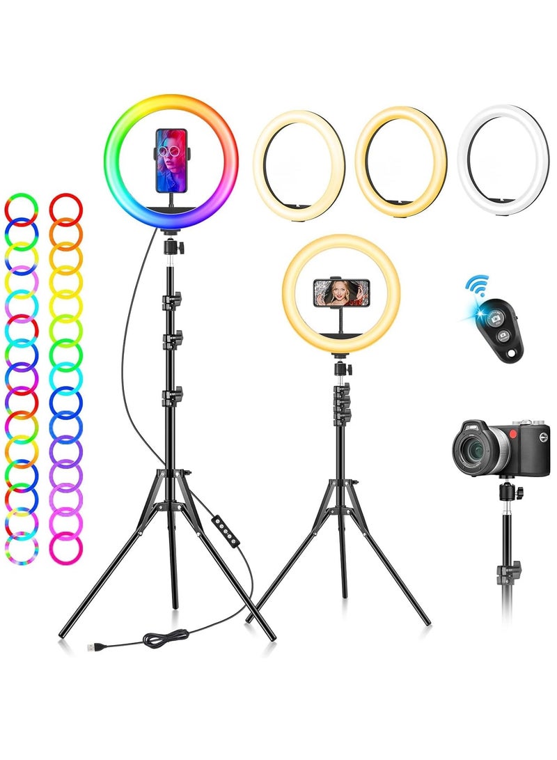 Ring Light with Tripod Stand & Phone Holder - 10 inch Selfie LED Ringlight Dimmable Desktop Lamp 40 Colors RGB Tall Circle Lights for Camera Makeup Video YouTube TikTok Live Streaming