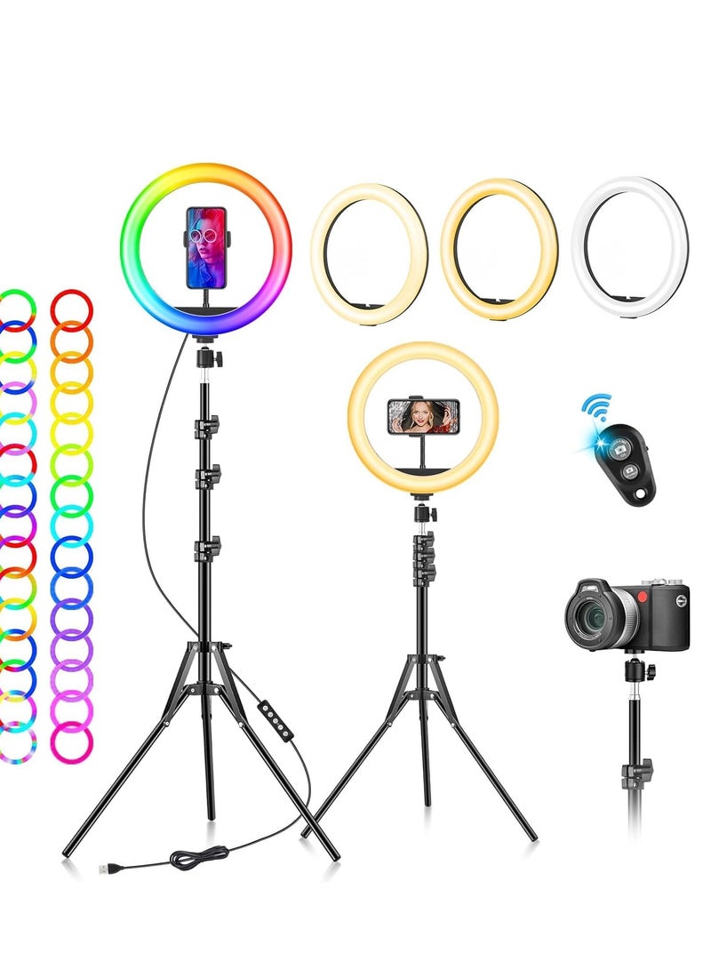 Ring Light with Tripod Stand & Phone Holder - 10 inch Selfie LED Ringlight Dimmable Desktop Lamp 40 Colors RGB Tall Circle Lights for Camera Makeup Video YouTube TikTok Live Streaming