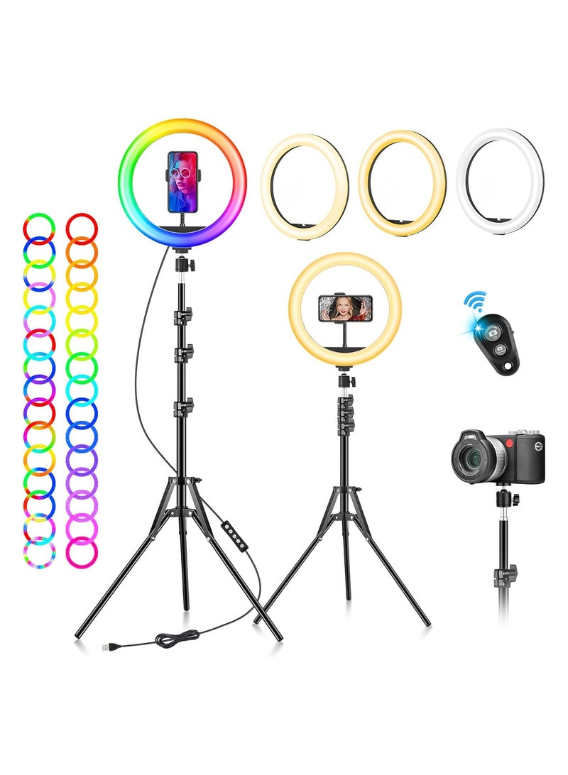 Ring Light with Tripod Stand & Phone Holder - 10 inch Selfie LED Dimmable Desktop Lamp 40 Colors RGB Tall Circle Light for Camera Makeup Video YouTube TikTok Live Streaming (BLACK)