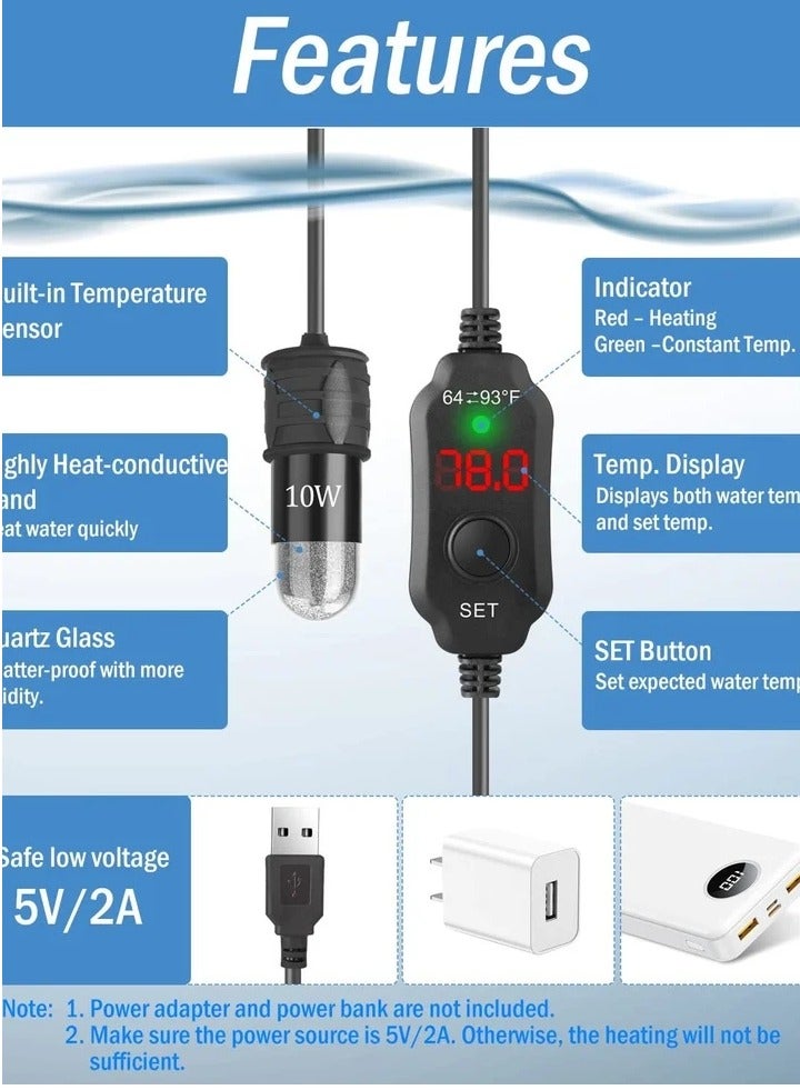 Adjustable 10W Betta Heater, Small Submersible Fish Tank Heater with Digital Display Thermostat, USB Powered, for Aquariums up to 1 Gallon