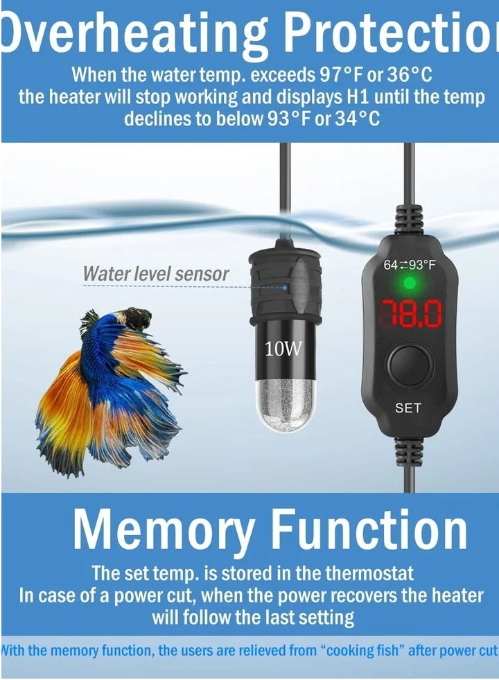 Adjustable 10W Betta Heater, Small Submersible Fish Tank Heater with Digital Display Thermostat, USB Powered, for Aquariums up to 1 Gallon