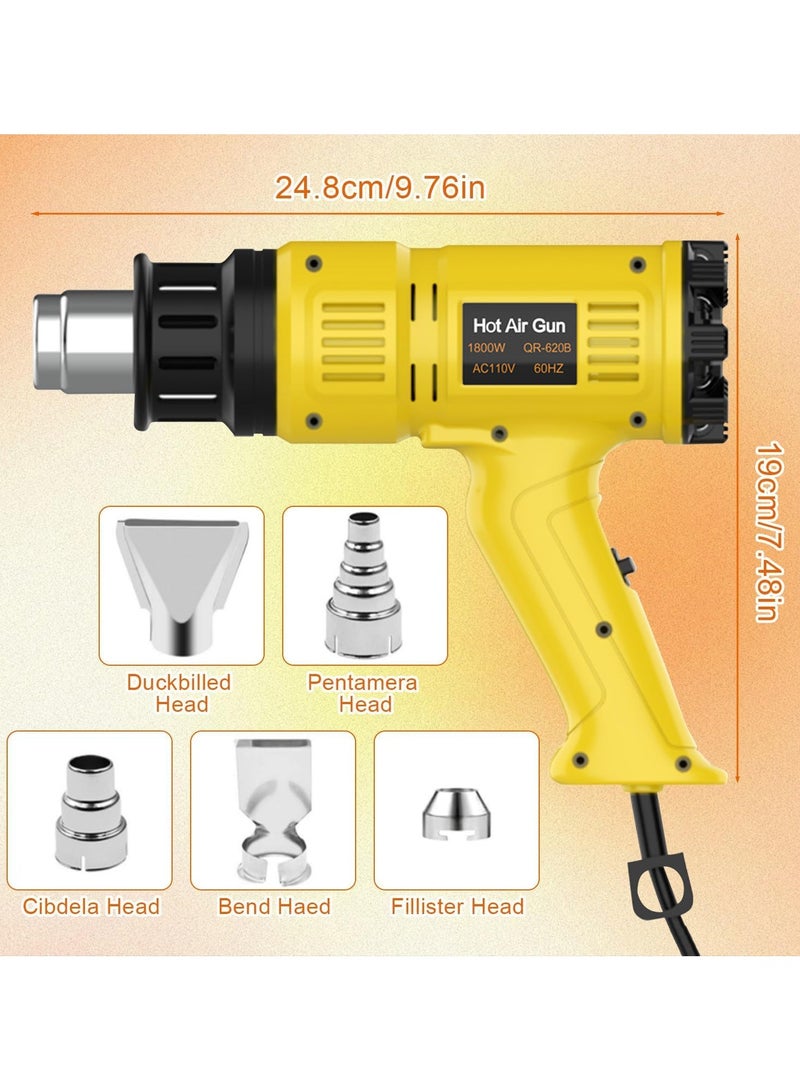 2000W Heat Gun Fast Heating, Professional Hot Air Gun 60℃ -600 ℃ Variable Temperature Control,2-Temp Setting,7 Accessories, Overload Protection for Shrink Pipe, PVC Wrap, Crafts, Epoxy Resin&DIY