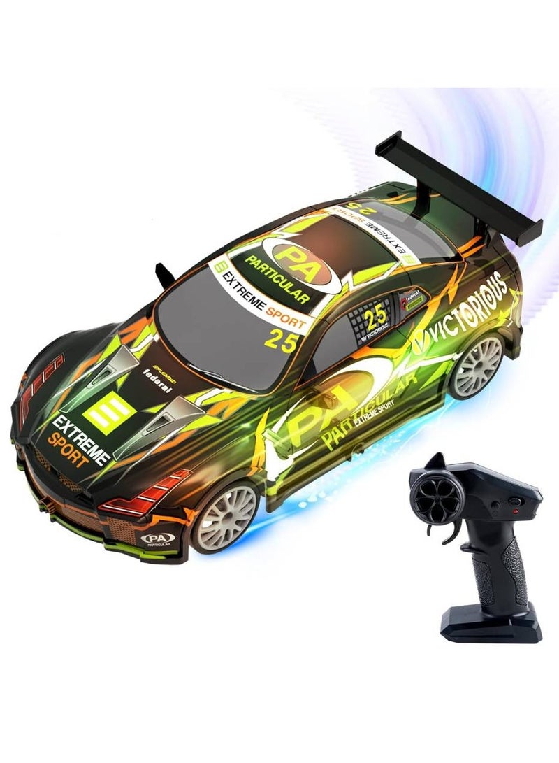 RC Drift Car, Kids Remote Control Car with Shiny LED Lights, 1/24 4WD 2.4GHz High Speed Drift RC Car with Two Rechargeable Batteries and Drift Tires, RC Cars for Kids and Adults, Black Green