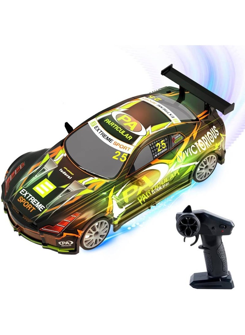 RC Drift Car, Kids Remote Control Car with Shiny LED Lights, 1/24 4WD 2.4GHz High Speed Drift RC Car with Two Rechargeable Batteries and Drift Tires, RC Cars for Kids and Adults, Black Green