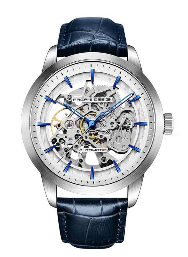 Men's Automatic Mechanical Watch, Stainless Steel Frame, Waterproof, Automatic Winding, Dark Blue Leather Strap, Fashionable And Casual