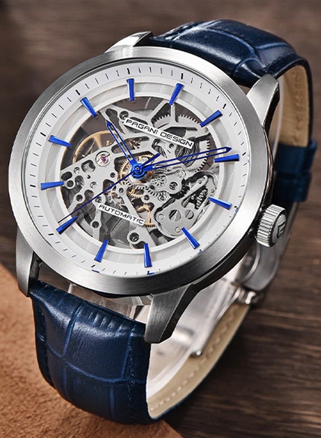 Men's Automatic Mechanical Watch, Stainless Steel Frame, Waterproof, Automatic Winding, Dark Blue Leather Strap, Fashionable And Casual