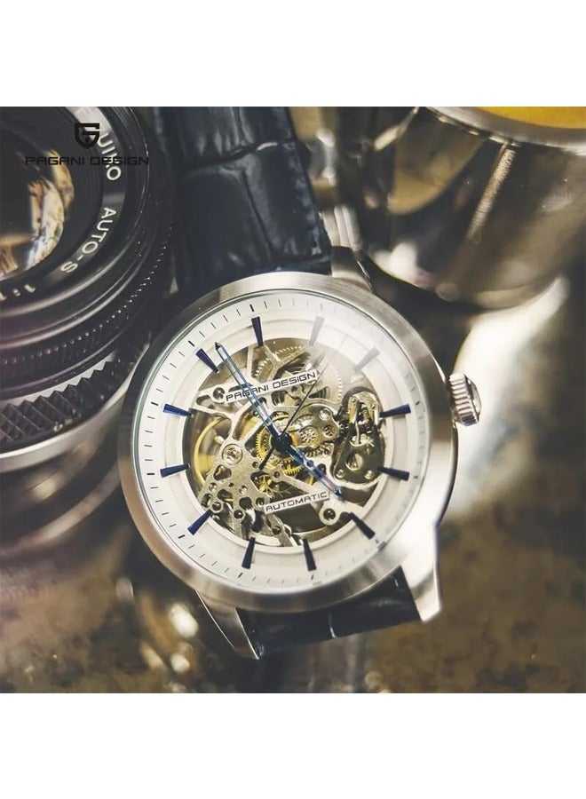 Men's Automatic Mechanical Watch, Stainless Steel Frame, Waterproof, Automatic Winding, Dark Blue Leather Strap, Fashionable And Casual