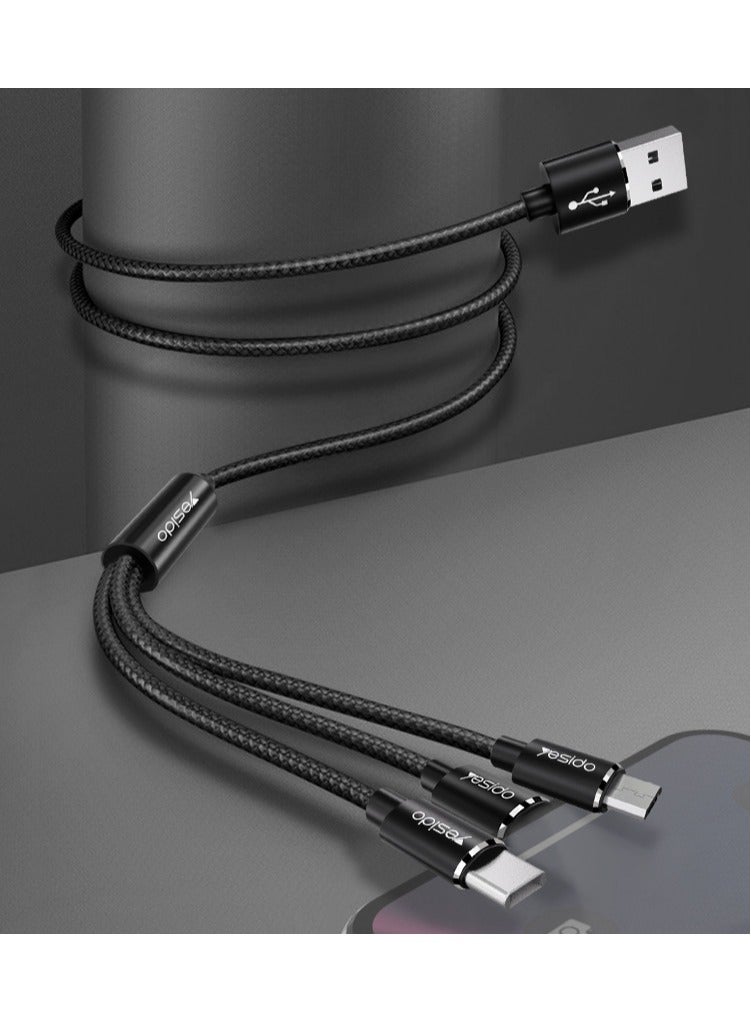 CA60 Nylon Braided USB to Lightning/Micro/Type-C 3A Fast Charging 3-in-1 USB Charger Data Cable