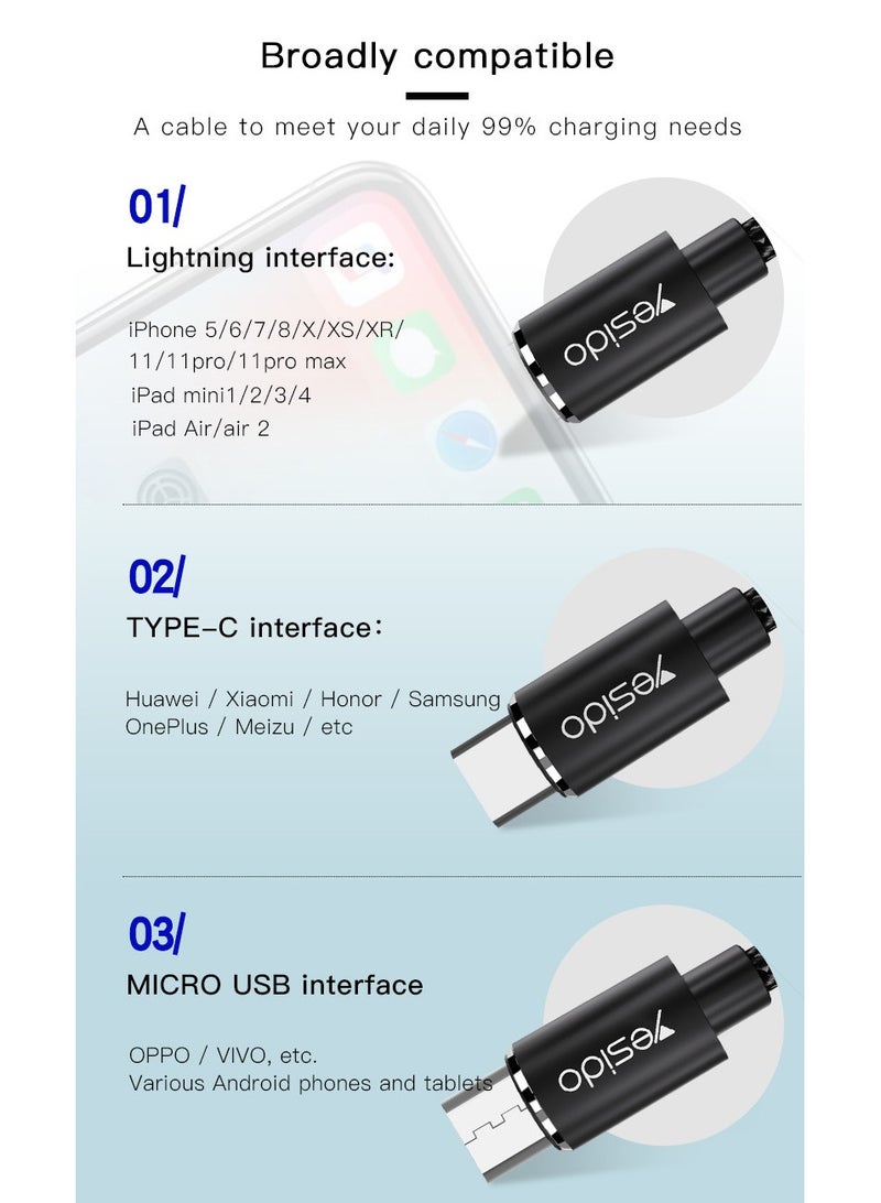 CA60 Nylon Braided USB to Lightning/Micro/Type-C 3A Fast Charging 3-in-1 USB Charger Data Cable