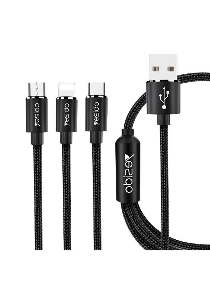 CA60 Nylon Braided USB to Lightning/Micro/Type-C 3A Fast Charging 3-in-1 USB Charger Data Cable