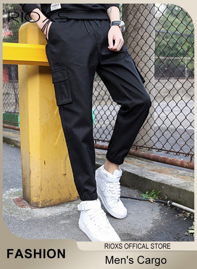 Men's Cargo Regular Fit Pants Fashion Trousers Casual Workout Jogging Drawstring Pants With Multiple Pockets