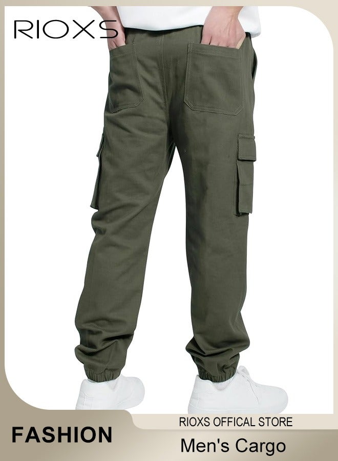 Men's Cargo Regular Fit Pants Fashion Trousers Casual Workout Jogging Drawstring Pants With Multiple Pockets