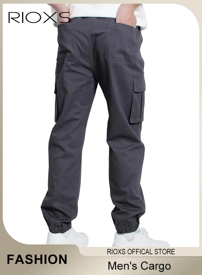 Men's Cargo Regular Fit Pants Fashion Trousers Casual Workout Jogging Drawstring Pants With Multiple Pockets